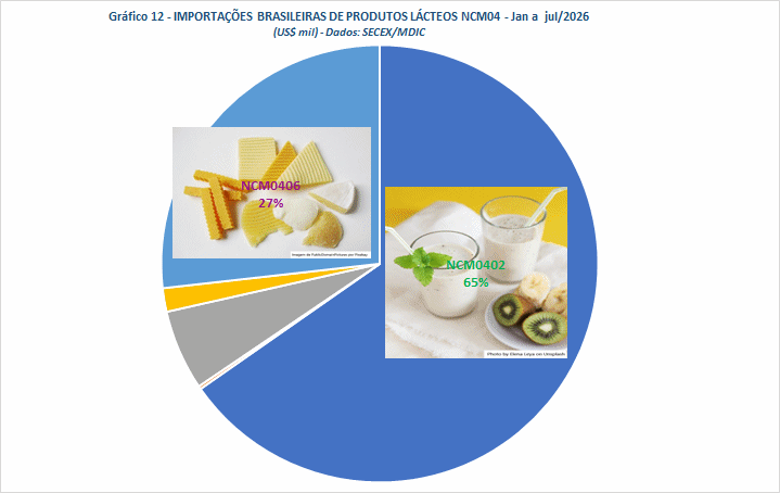 Importações brasileiras de produtos lácteos, em Equivalente Litros de leite, sobem em julho
